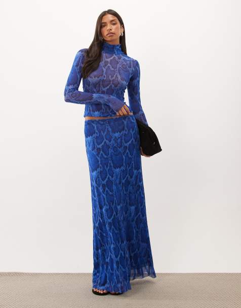AFRM Sera mesh high waist maxi skirt in cobalt snake print (part of a set) - view 1