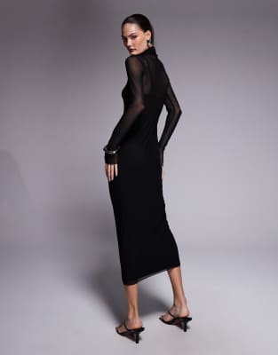 Afrm Shailene High Neck Mesh Midi Dress In Black