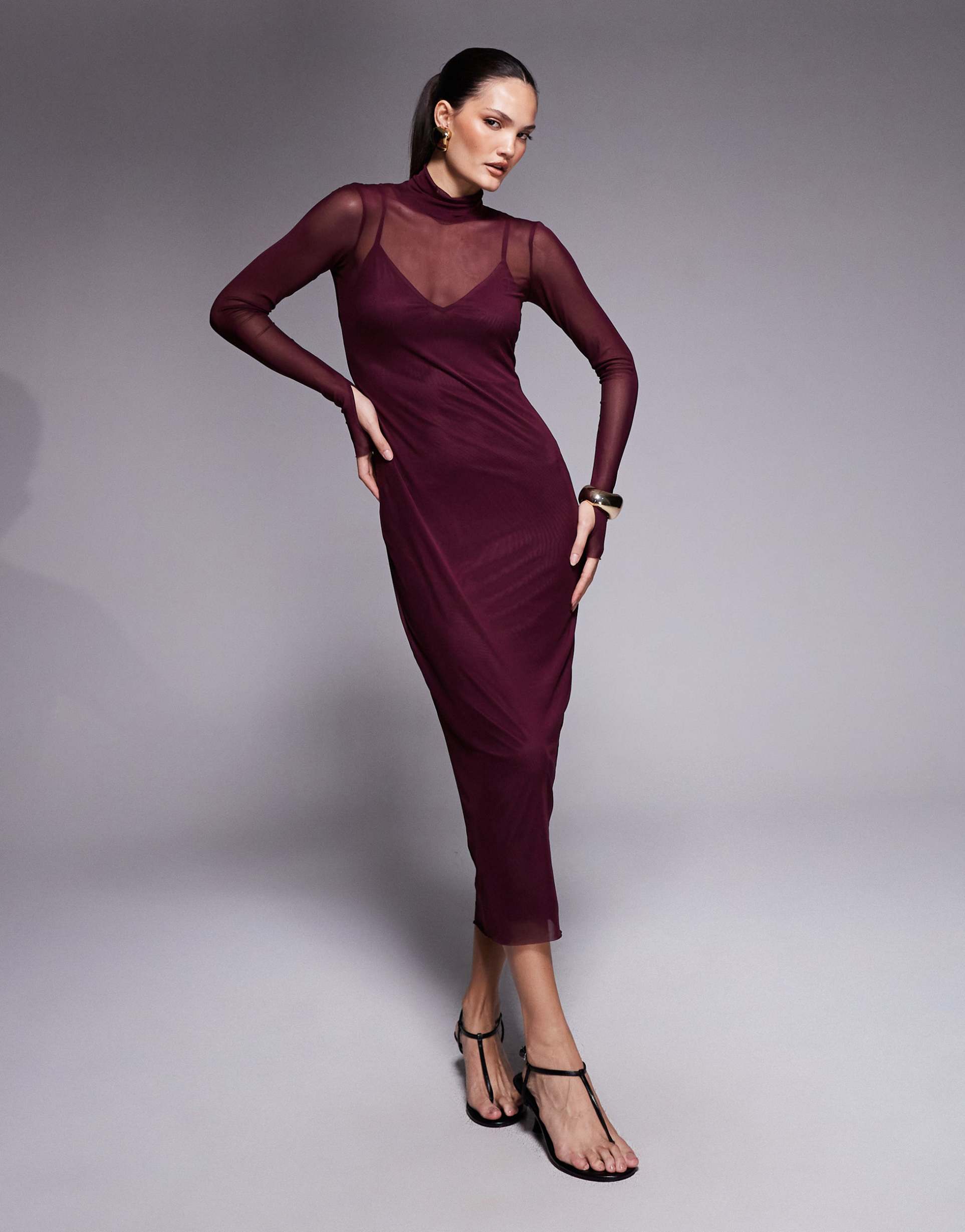afrm shailene high neck mesh midi dress in fig