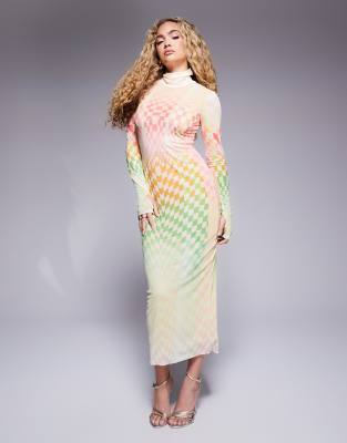 Shailene high neck mesh midi dress in pastel ombre print-Multi