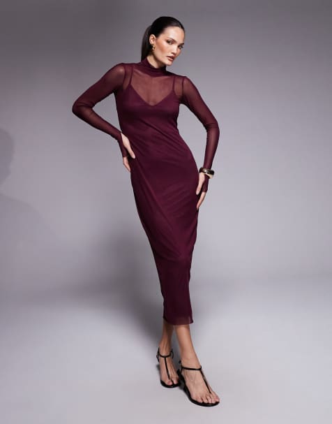 AFRM – Shailene – Hochgeschlossenes Netzstoff-Midikleid in Feigenrot - view 1
