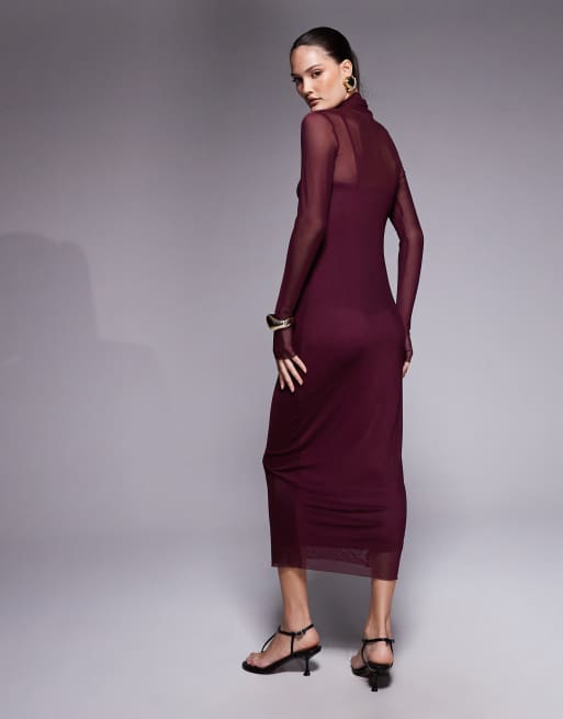 AFRM – Shailene – Hochgeschlossenes Netzstoff-Midikleid in Feigenrot, 2 von 4