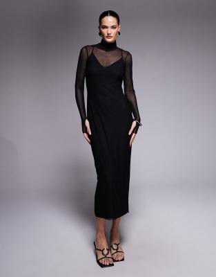 AFRM - Shailene - Hochgeschlossenes Netzstoff-Midikleid in Schwarz