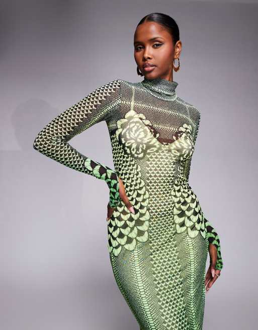 AFRM - Shailene - Hoogsluitende midi jurk van mesh met lange mouwen en print in groen met kleurverloop, 2 van 4