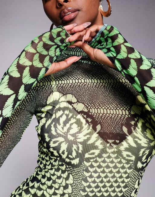 AFRM - Shailene - Hoogsluitende midi jurk van mesh met lange mouwen en print in groen met kleurverloop, 4 van 4
