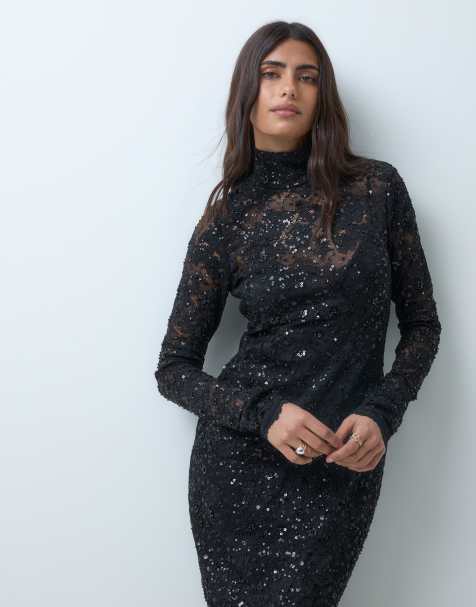 AFRM Shailene lined high neck beaded lace midi dress in black - view 1