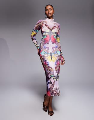 Afrm Shailene Long Sleeve Turtleneck Mesh Midi Dress In Multi