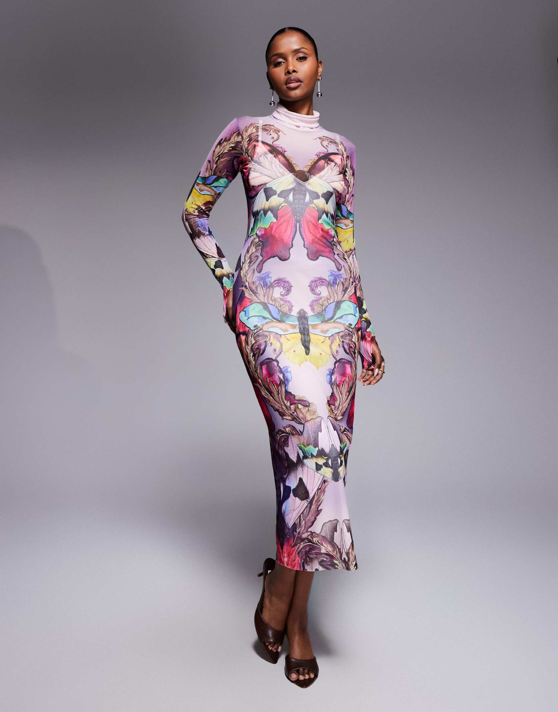 afrm shailene long sleeve turtleneck mesh midi dress in ornate purple