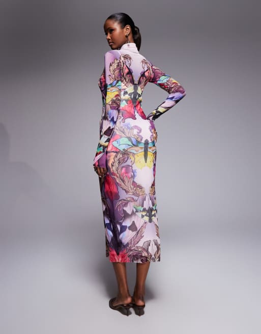 AFRM Shailene long sleeve turtleneck mesh midi dress in purple ornate, 4 of 4