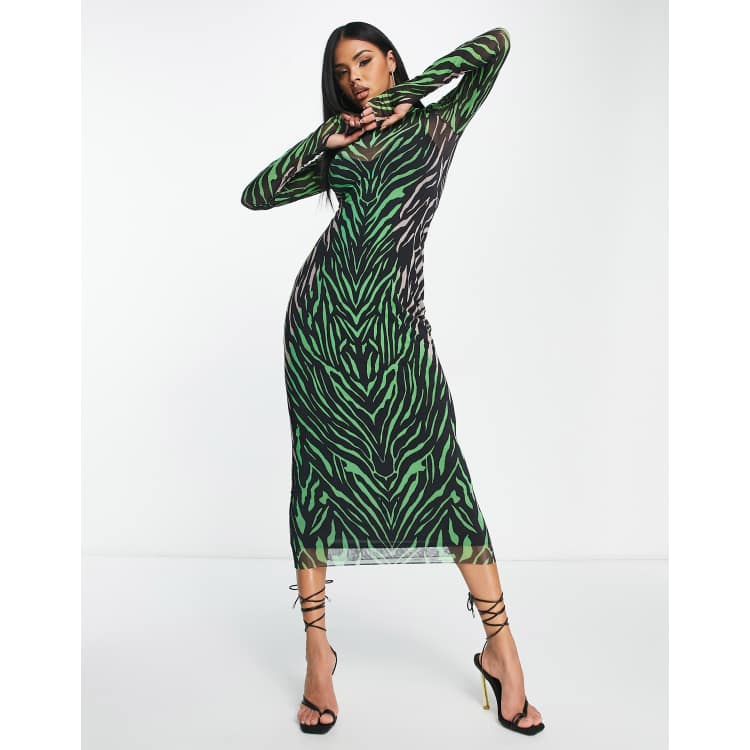 AFRM Shailene long sleeve zebra print mesh maxi dress in green | ASOS