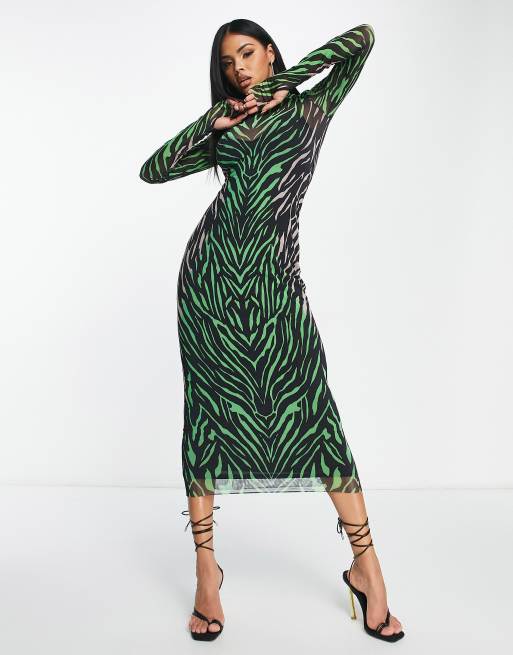 AFRM Shailene long sleeve zebra print mesh maxi dress in green | ASOS