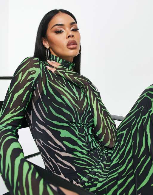 AFRM - Shailene - Maxi-jurk van mesh met lange mouwen en zebraprint in groen, 2 van 4