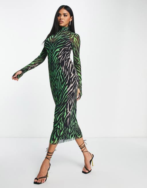 AFRM - Shailene - Maxi-jurk van mesh met lange mouwen en zebraprint in groen, 3 van 4
