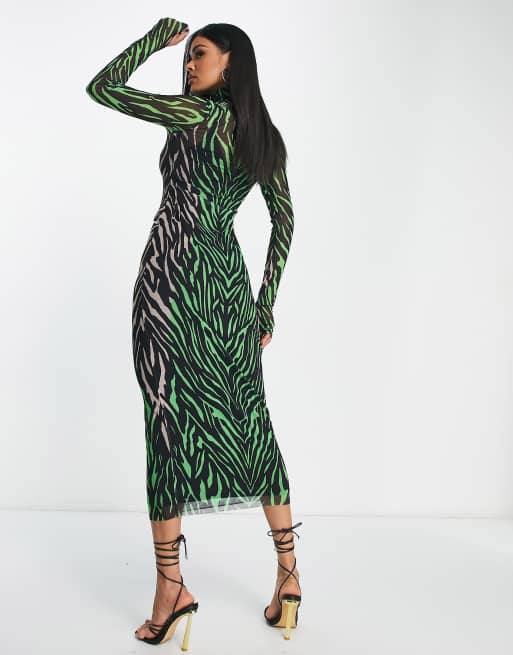 AFRM - Shailene - Maxi-jurk van mesh met lange mouwen en zebraprint in groen, 4 van 4