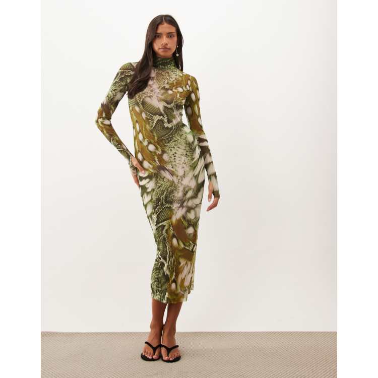 AFRM Shailene mesh high neck bodycon midi dress in green snake print