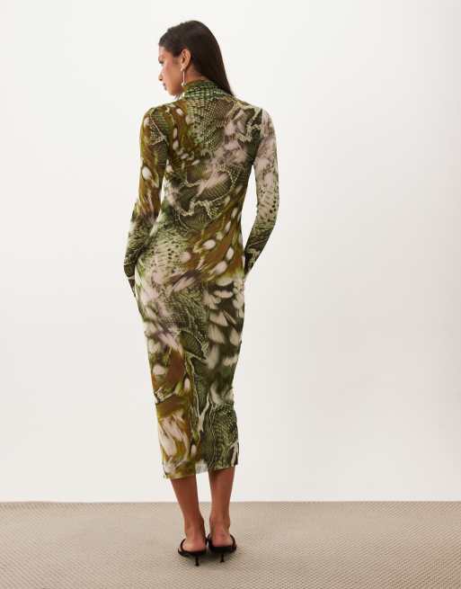 printed bodycon midi dress AFRM Shailene mesh high neck in green snake print atop a sage knit