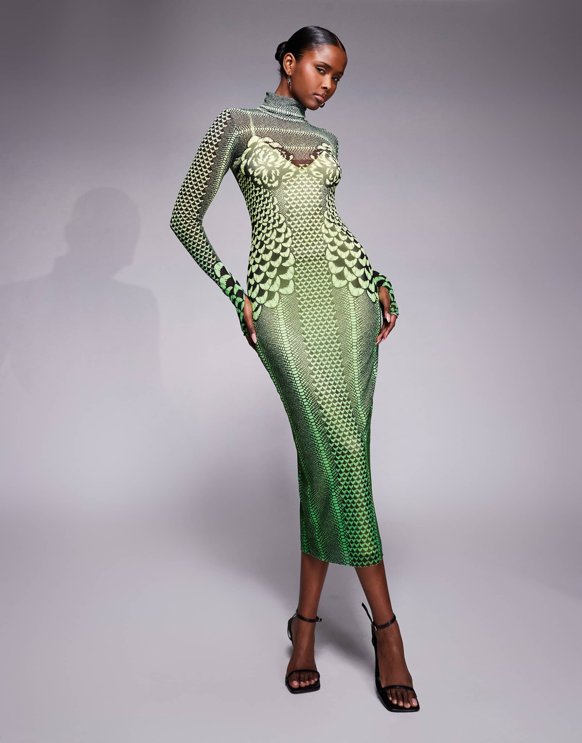afrm shailene mesh high neck long sleeve midi dress in ombré green print
