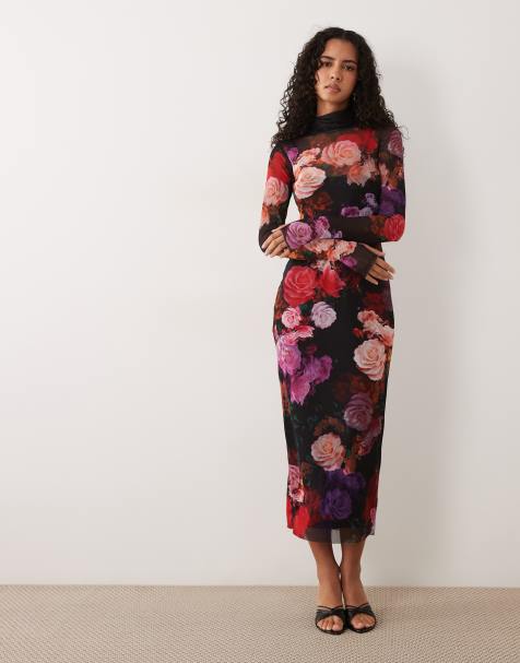 AFRM Shailene mesh long sleeve high neck midi dress in black floral print - view 1