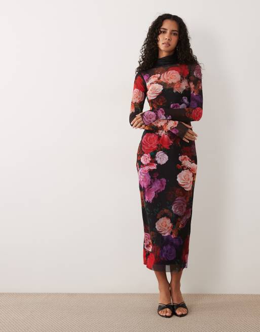 AFRM Shailene mesh long sleeve high neck midi dress in black floral print