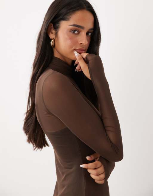 AFRM Shailene mesh poloklänning med cami-foder bodycon midiklänning i choklad, 2 av 4