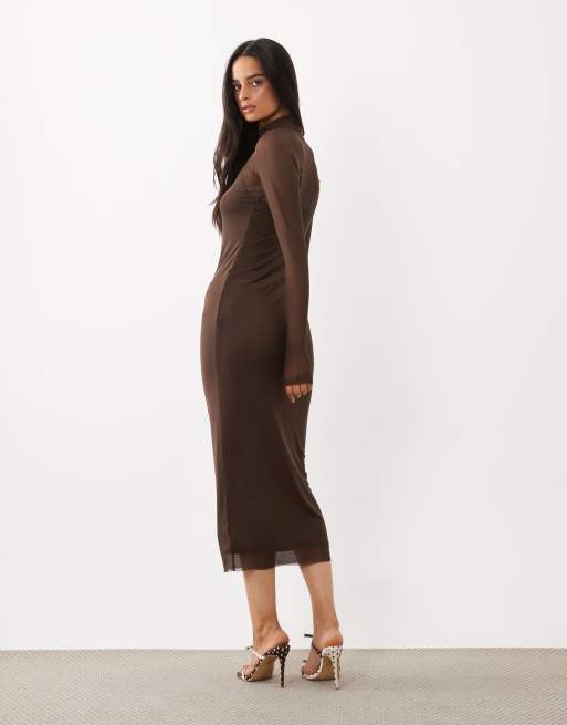 AFRM Shailene Mesh-Rollkragen-Cami-Futter-Bodycon-Midikleid in Schokobraun, 4 von 4