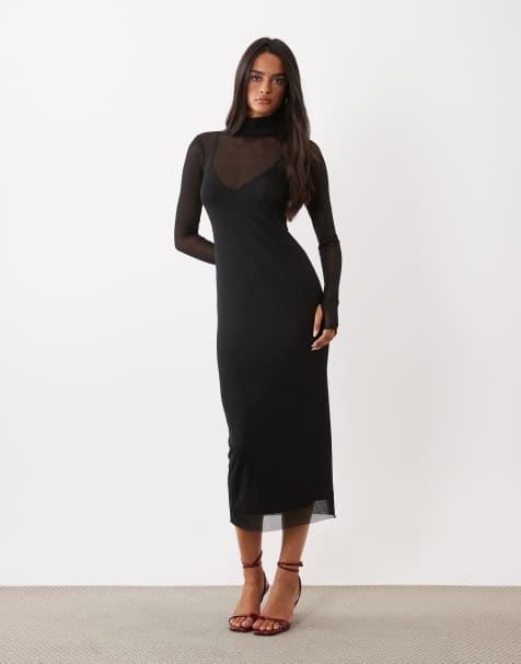 AFRM Shailene Mesh-Rollkragen-Midikleid mit langen Ärmeln und Camisole-Futter in Schwarz - view 1