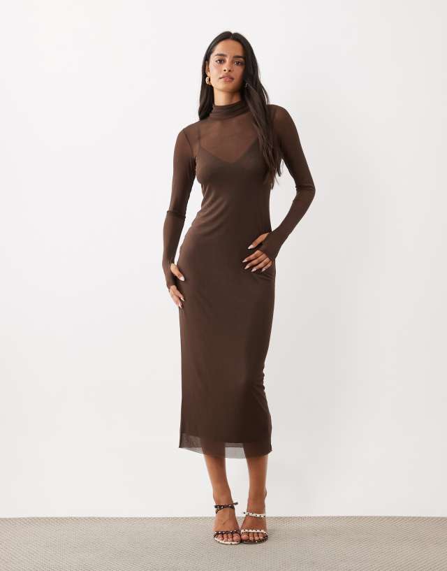 shape chocolate brown mesh wrap neck tie detail bodycon dress Afrm Shailene Turtle - Espresso Linen Dress SWEETHEART, Cottagecore ESN-S16234 Color:White/ Pink Do Not Iron