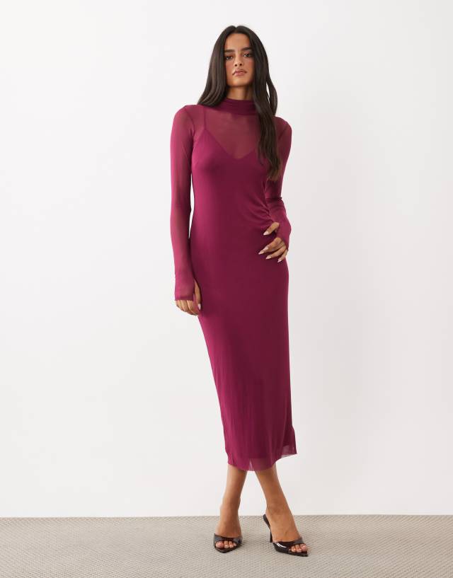 AFRM Shailene mesh turtleneck cami lining bodycon midi dress in dark pink