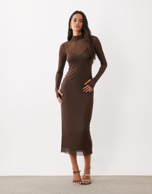 Afrm Shailene Mesh Turtleneck Long Sleeve Cami Lining Midi Dress In Brown