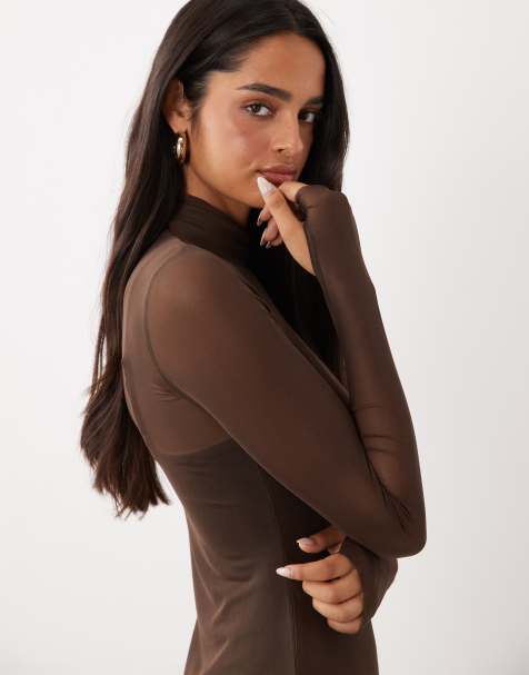 AFRM Shailene mesh turtleneck long sleeve cami lining midi dress in chocolate - view 1