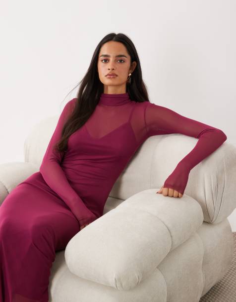 AFRM Shailene mesh turtleneck long sleeve cami lining midi dress in plum - view 1