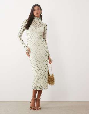 Afrm Shailene Mesh Turtleneck Long Sleeve Midi Dress In White