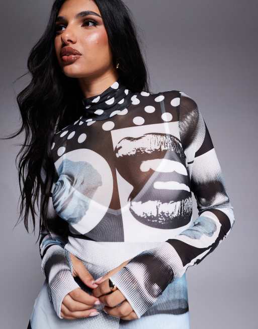 AFRM Shailene mock neck midi dress with detachable lining in mono pop art , 3 of 4