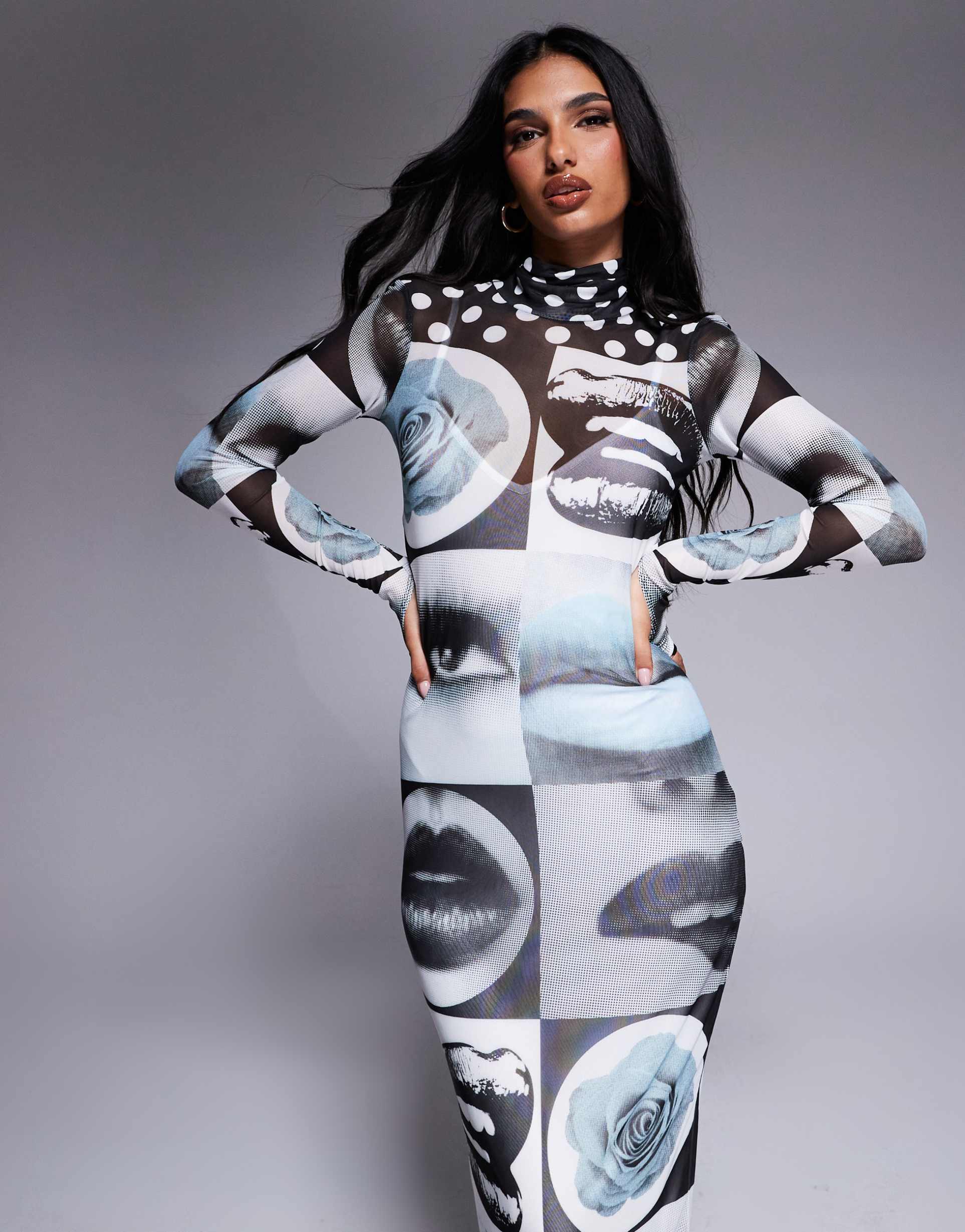 afrm shailene mock neck midi length dress with detachable lining in mono pop art