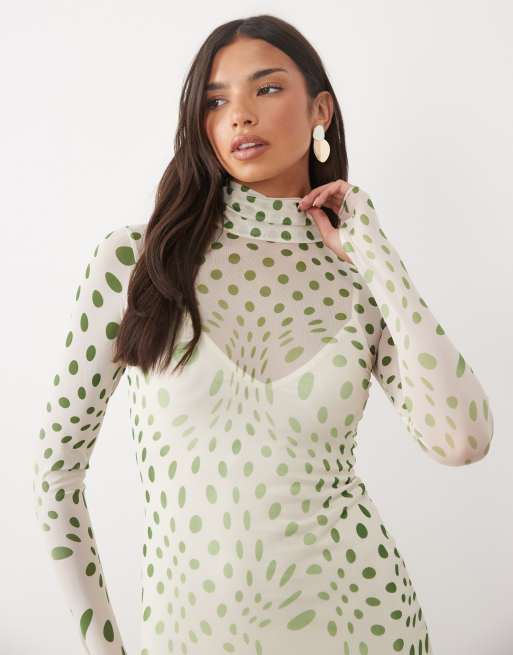 AFRM Shailene robe midi moulante en tulle à col montant, blanc et pois olive, 3 de 4