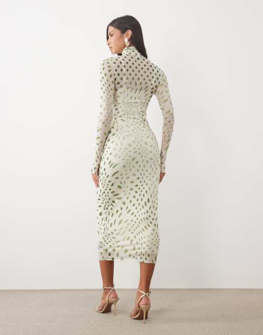 AFRM Shailene robe midi moulante en tulle à col montant, blanc et pois olive, 4 de 4