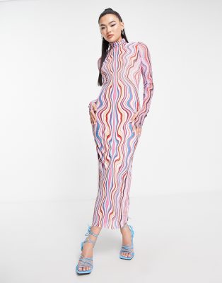 Afrm Shailene Turtleneck Long Sleeve Mesh Midi Dress In Swirl Print-Multi
