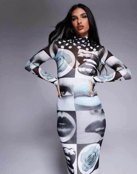 AFRM - Shailene - Vestito midi a collo alto con fodera rimovibile bianco e nero con stampa pop art - view 1
