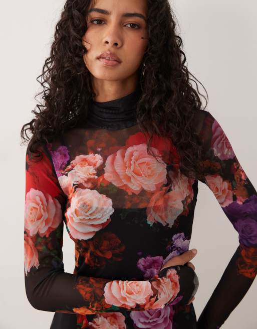 AFRM Shailene vestito midi in rete a maniche lunghe con collo alto e stampa floreale nera, 3 di 4
