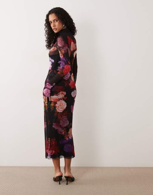 AFRM Shailene vestito midi in rete a maniche lunghe con collo alto e stampa floreale nera, 4 di 4