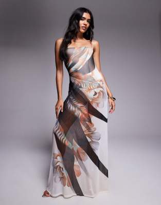 AFRM Shea built-in bodysuit mesh maxi dress in brown lotus print - view 1