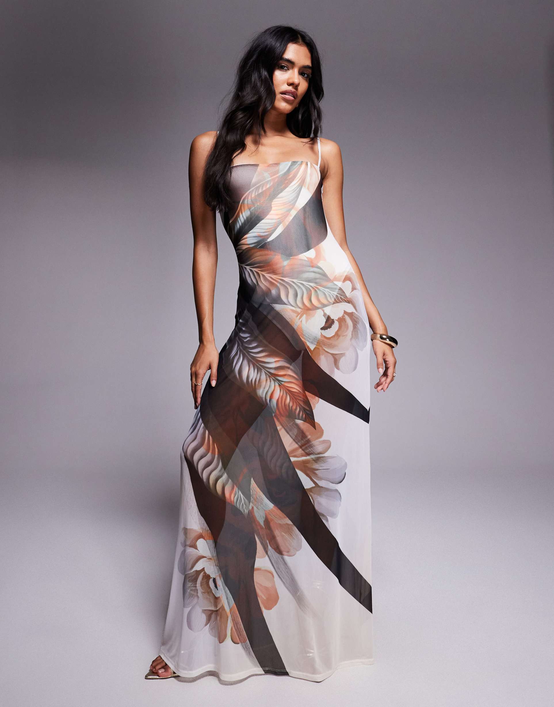 afrm shea built-in bodysuit mesh maxi dress in brown lotus print