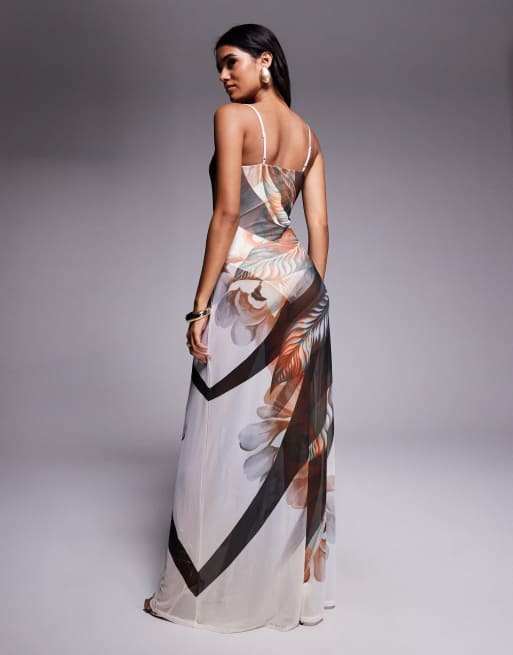 AFRM - Shea - Maxi jurk van mesh met ingebouwde body in bruine lotusprint, 4 van 4