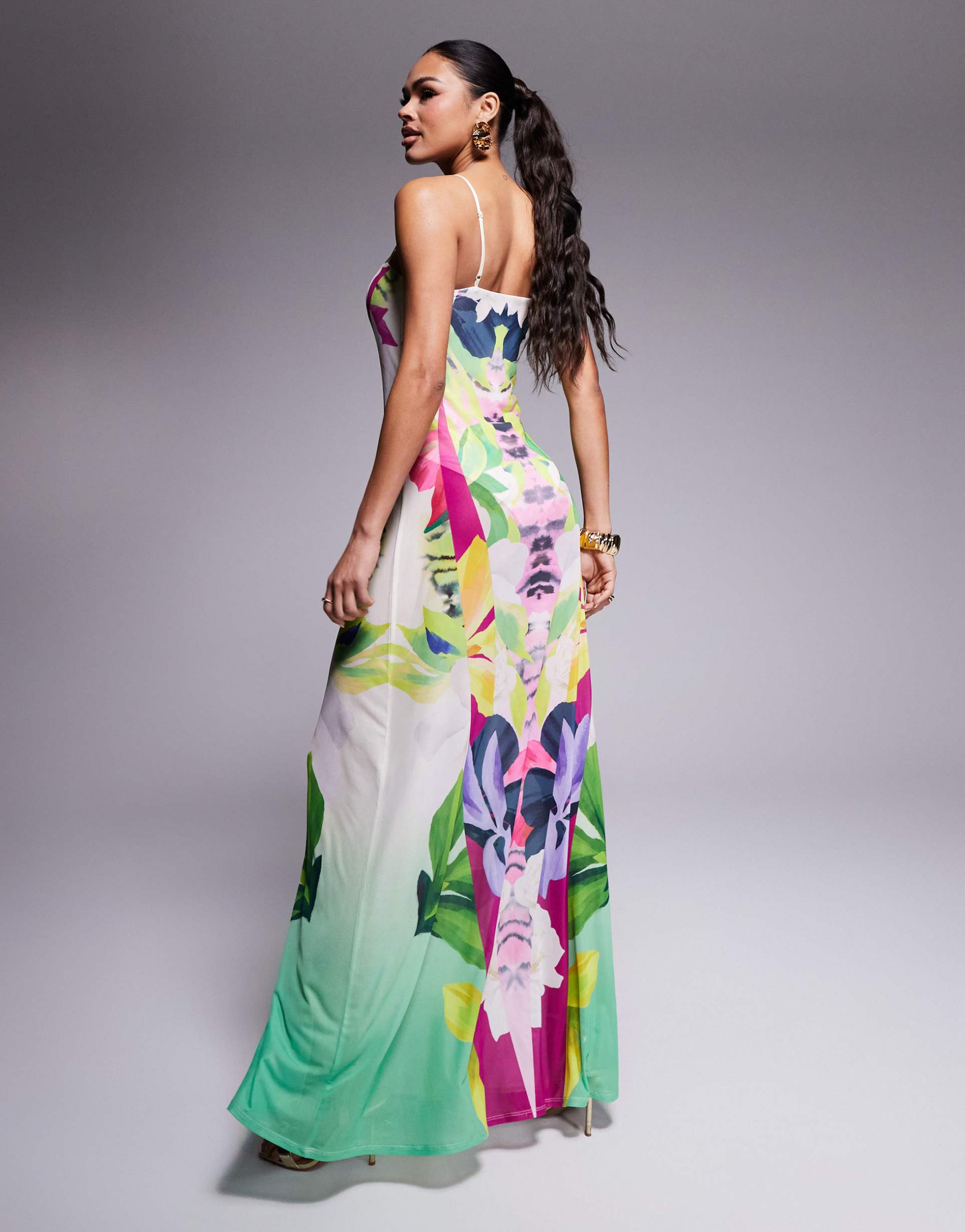 afrm shea mesh maxi dress with bodysuit in tropical print