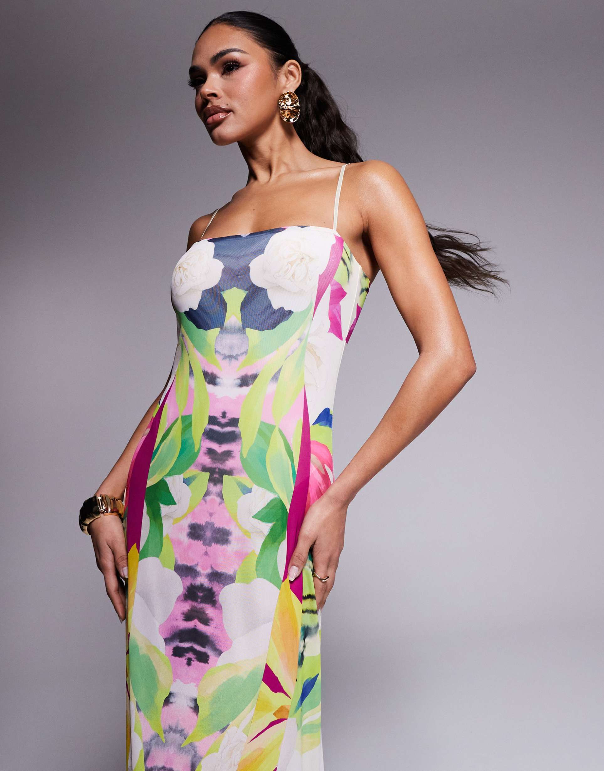 afrm shea mesh maxi dress with bodysuit in tropical print