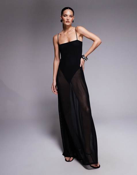 AFRM Shea sheer mesh bodysuit maxi dress in black - view 1