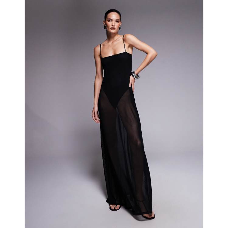 AFRM Shea sheer mesh bodysuit maxi dress in black | ASOS