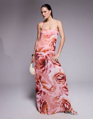 Afrm Shea Sheer Mesh Bodysuit Maxi Dress In Pink
