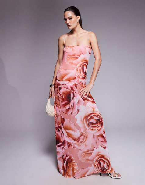 AFRM Shea sheer mesh bodysuit maxi dress in peach roses