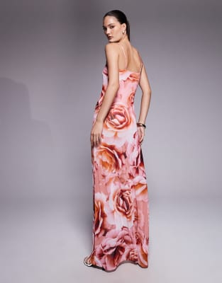 Afrm Shea Sheer Mesh Bodysuit Maxi Dress In Pink